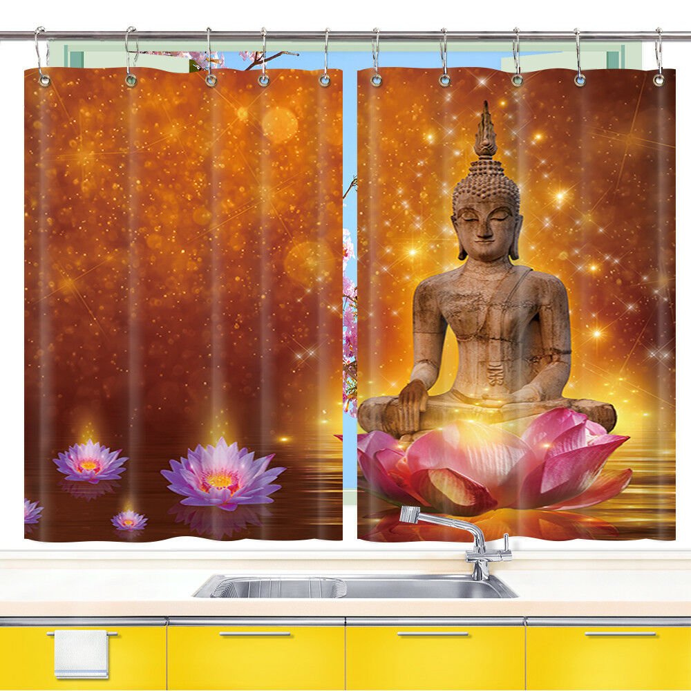 Golden Buddha and Lotus Window Curtain Treatments Kitchen Curtains 2 Panels
