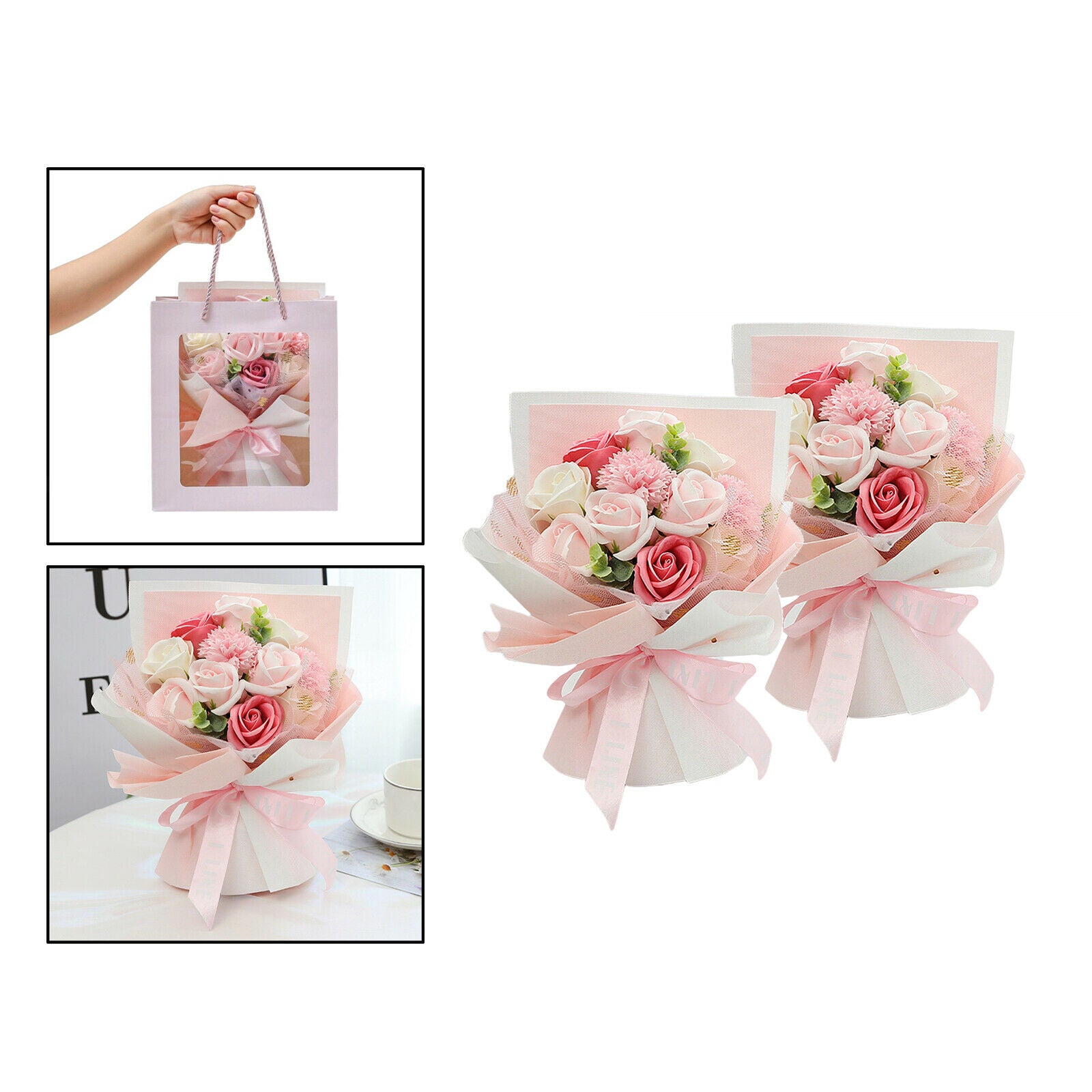2pcs Carnation Rose Soap Flower Bouquet Birthday Valentine's Day Gift Party