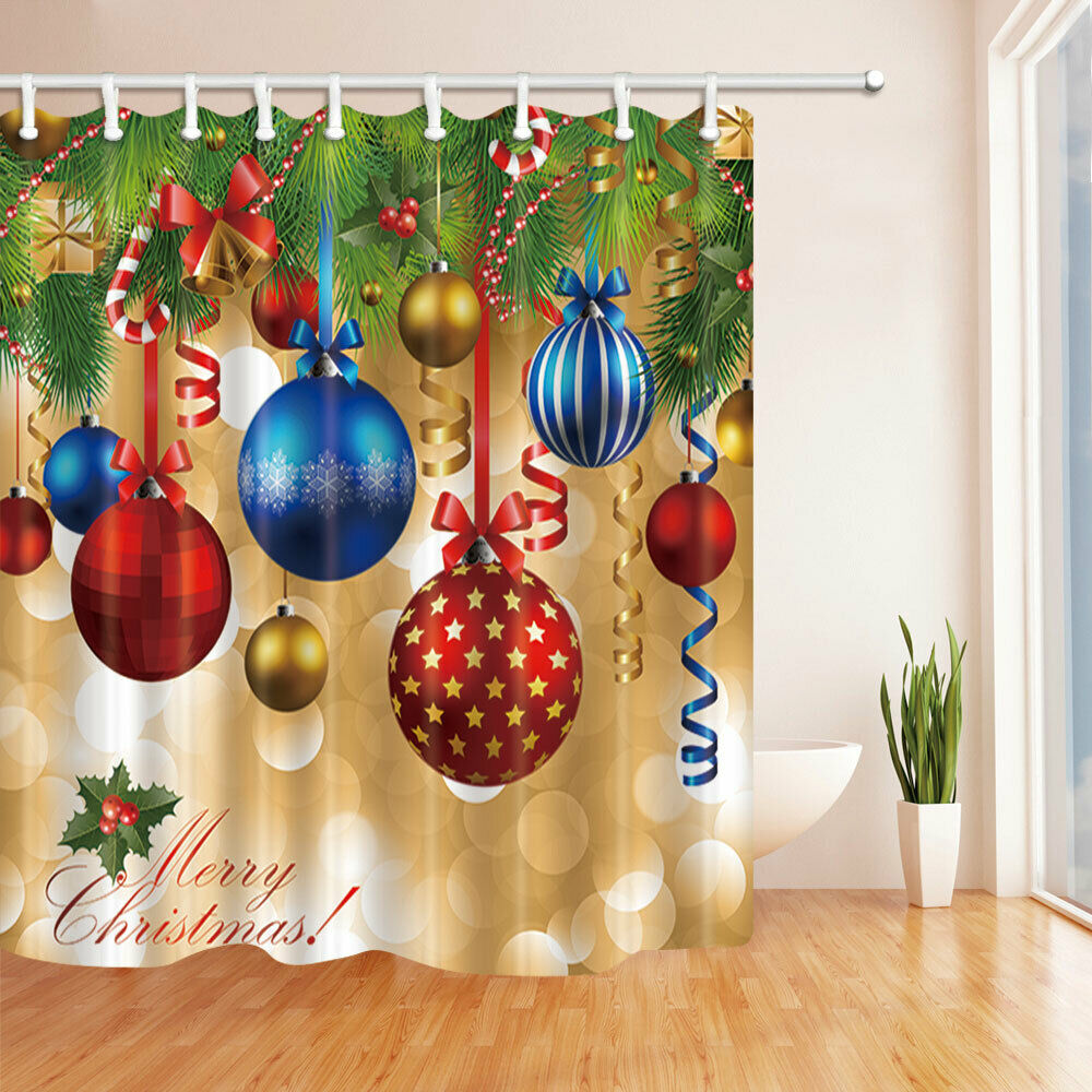 Colored Christmas Balls Fabric Bathroom Shower Curtains & Hooks 71x71"