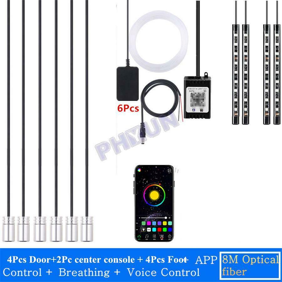 10x Car Atmosphere Light 64Colors RGB LED Fiber Optic Strip Bluetooth APP Remote