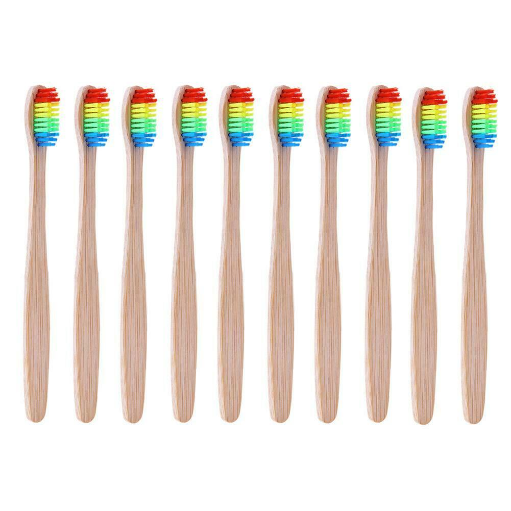 10pcs Soft Rainbow Head Bamboo Toothbrushes Oral Care Teeth Whitening Tools @