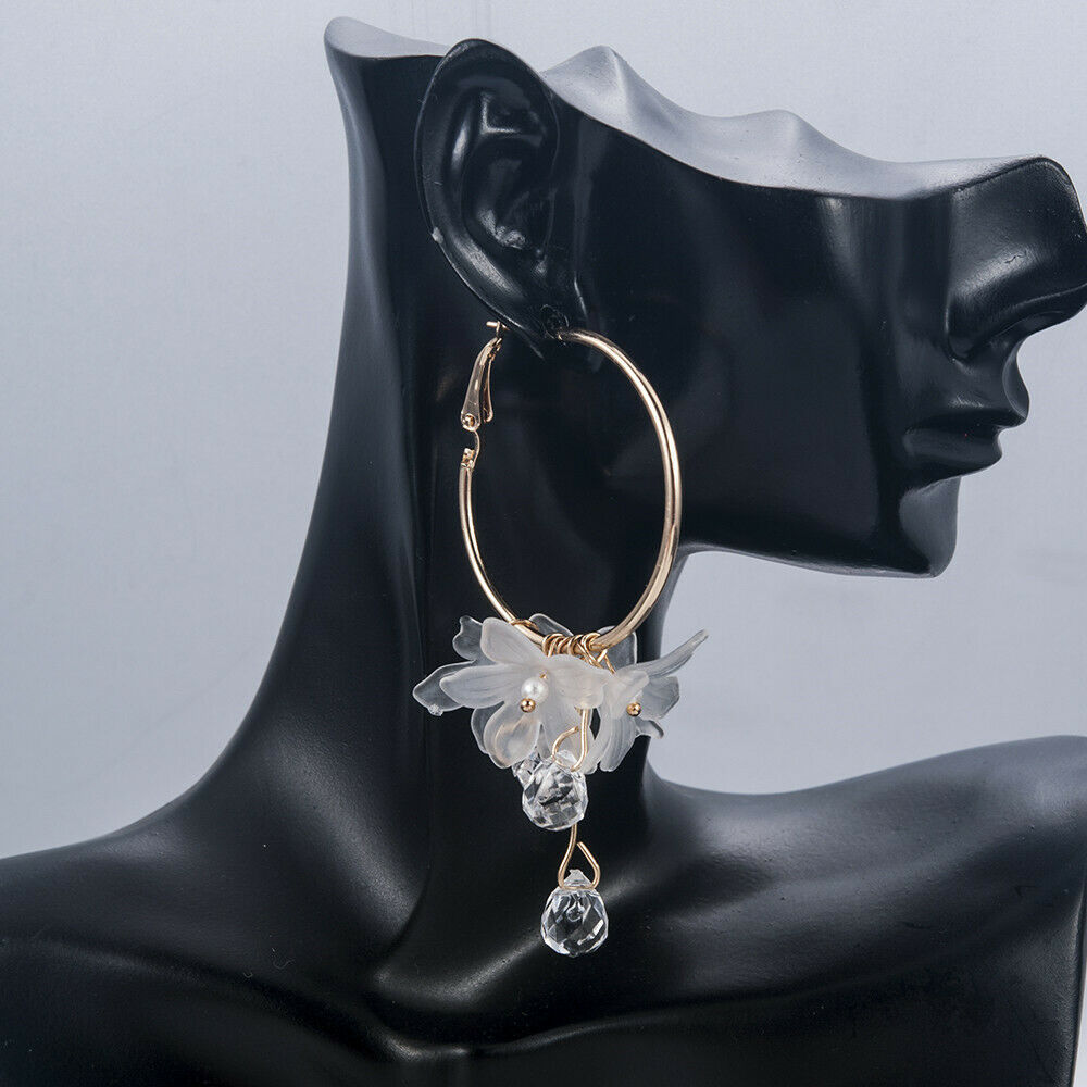White Drop Earrings Crystal Tassel Dangle Acrylic Flower Women Jewelry Accessory