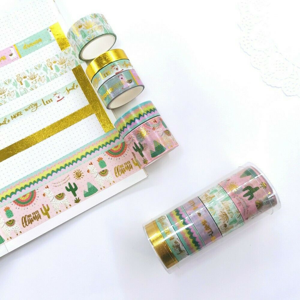 6pcs Washi Paper Tape Set Cartoon Alpaca Cactus Bronzing DIY Hand Account Decor