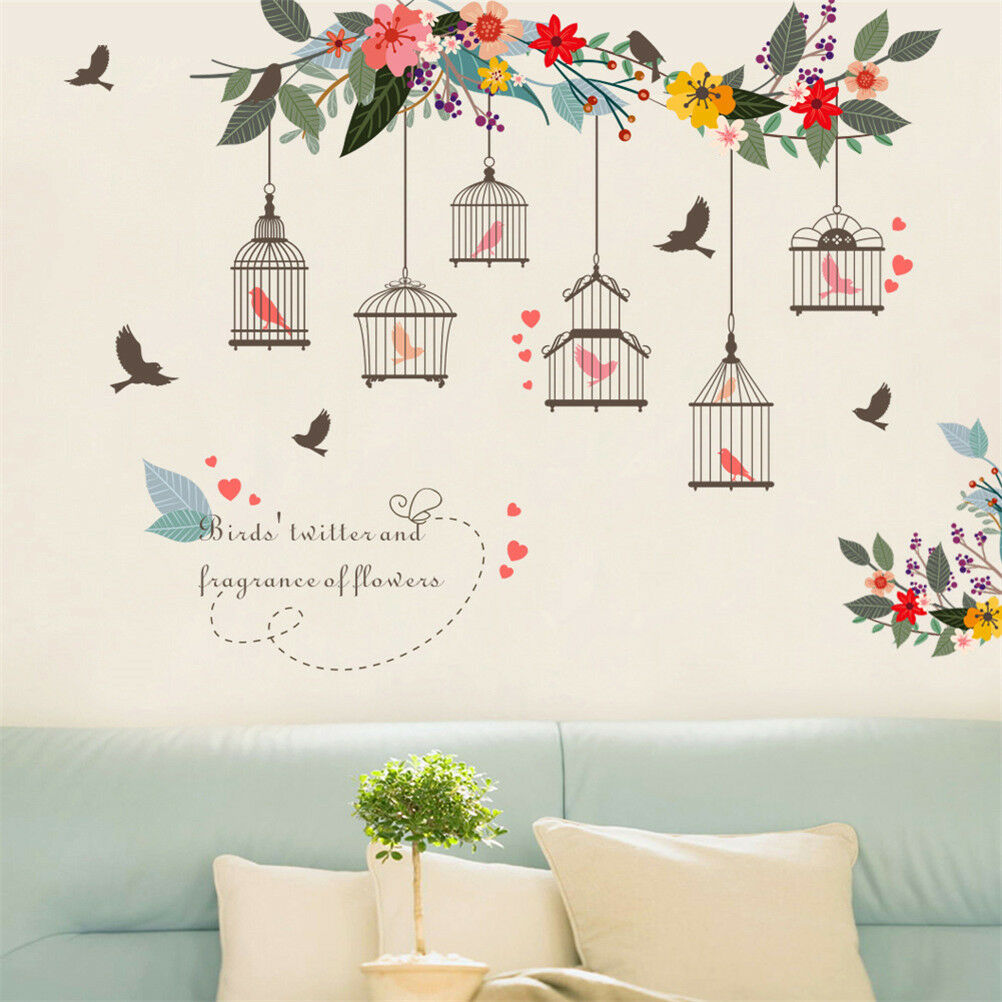 Flowers Birds Birdcage Stickers Decals Wall Art For HomeLiving Room`Bedro.l8