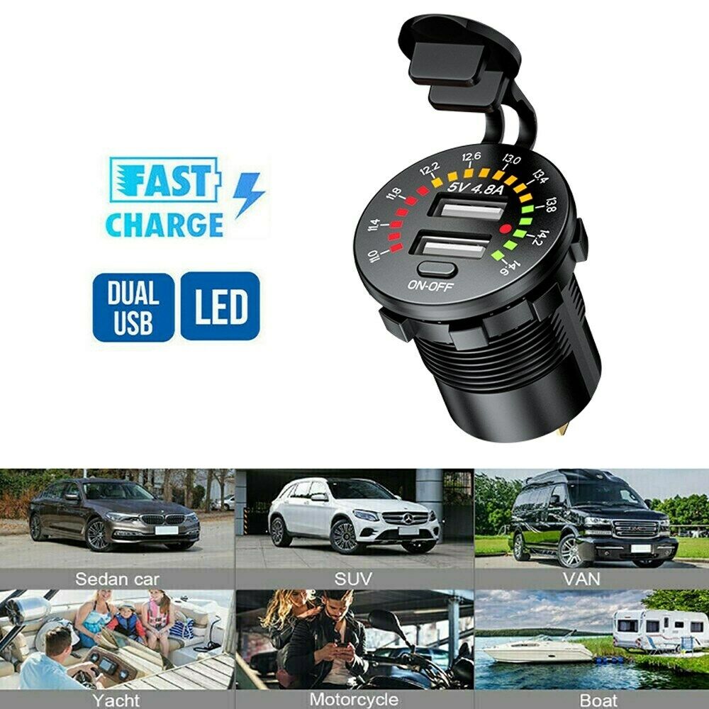 Dual USB Car Charger Socket Power Outlet 12V 4.8A LED Voltmeter for Car Boat