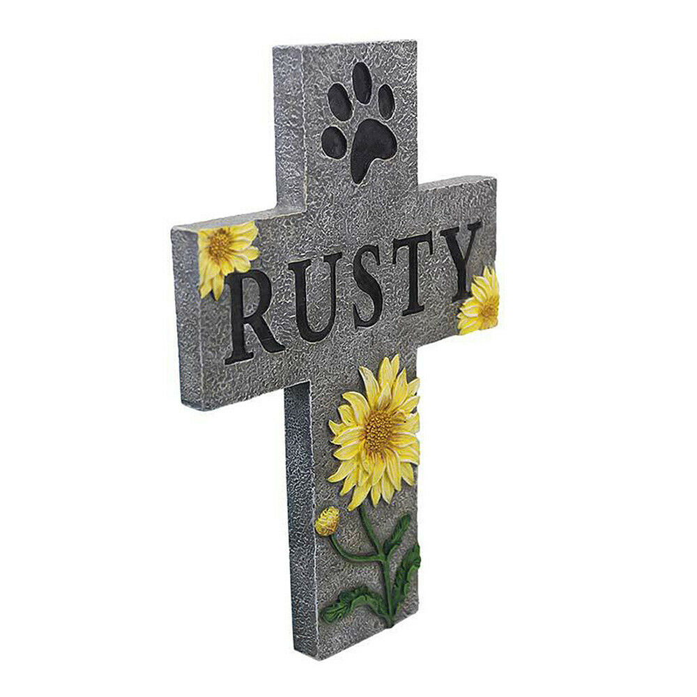 Pet Memorial Stone Cross Ornaments Dog Paw Print Gravestone Tombstone Outdoor