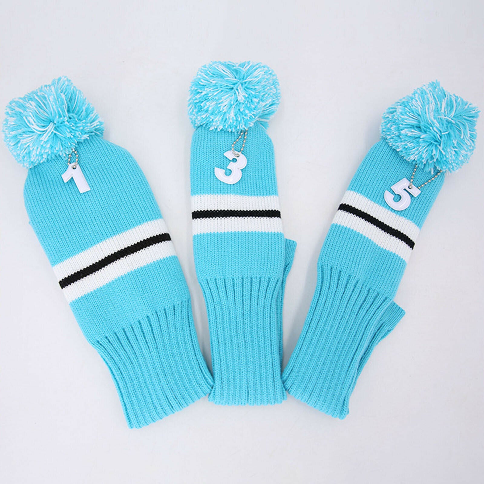 3Pcs Stripes Golf Pom Pom Head Covers Protector For Wooden Racket,