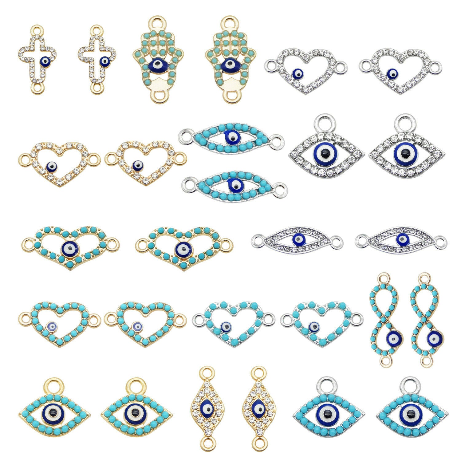 14PCS Assorted Alloy Evil Eye Enamel Charm Rhinestone Pendant Connector Jewelry