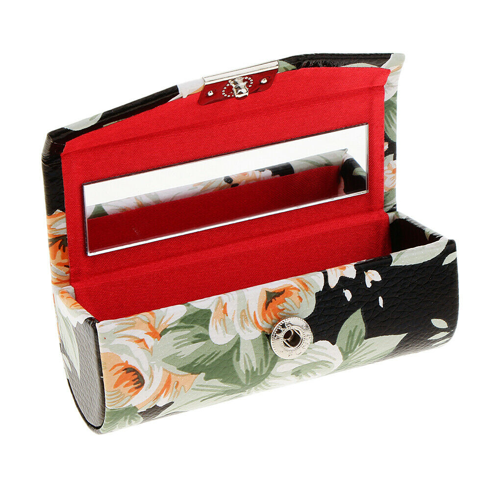 Leather Jewelry Makeup Lipstick Holder Case with Mirror Black