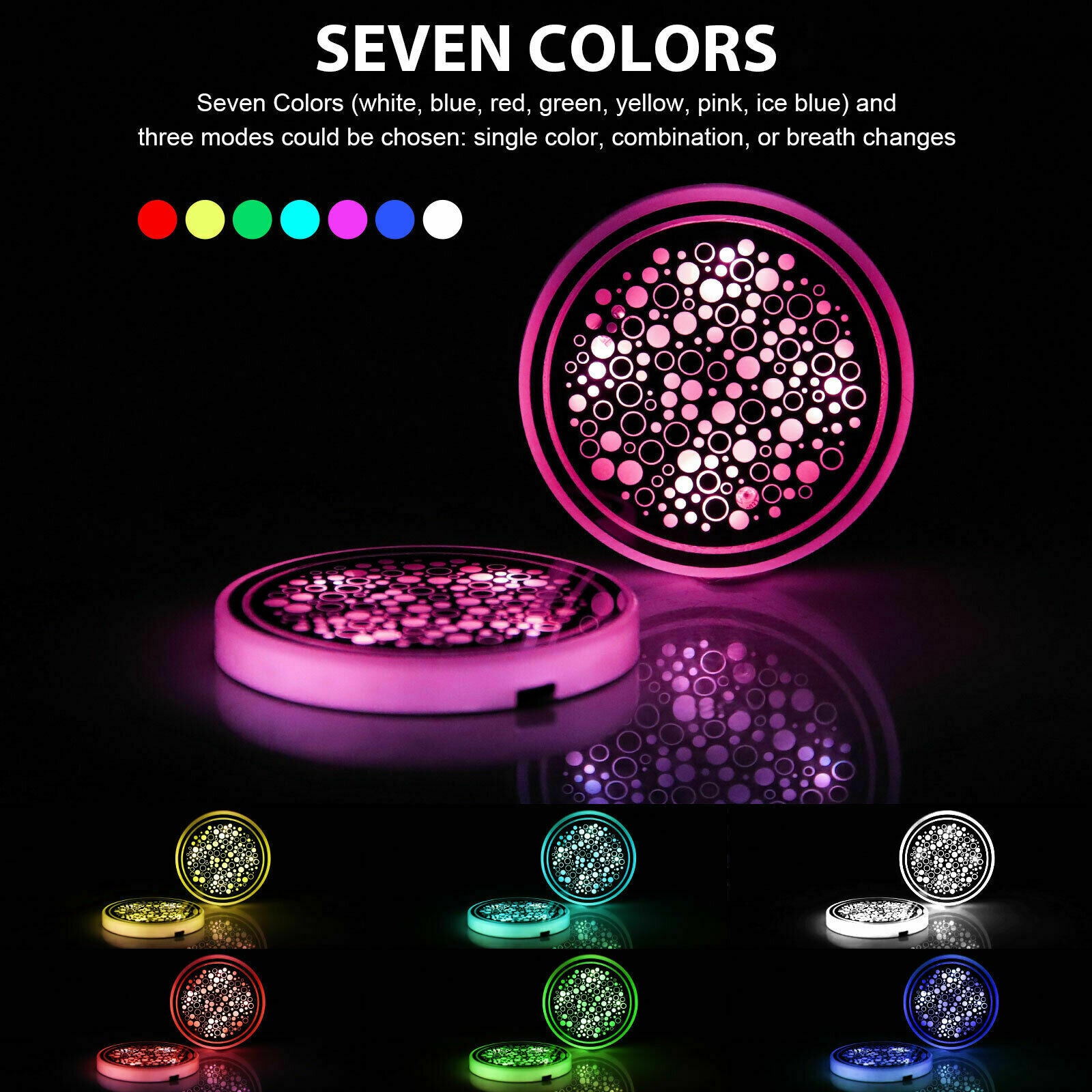 2Pcs Colorful Auto Car LED Cup Coaster Pad Holder Atmosphere Light Lamps Bottom