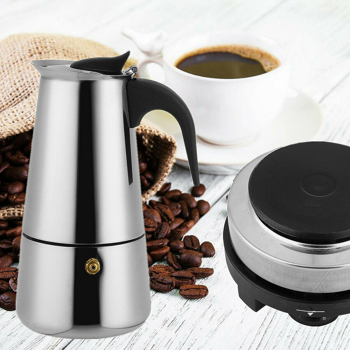 9 Cups 450ml Stainless Steel Moka Coffee Maker Pot Percolator W/ Electric Stove