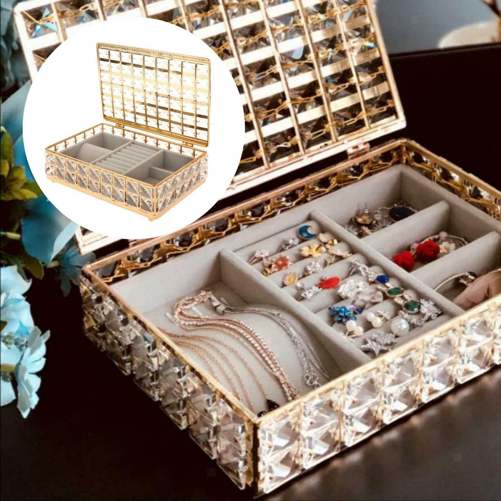 Luxury Crystal Jewelry Box with Lid Ring Necklace Beads Trinket Storage Case
