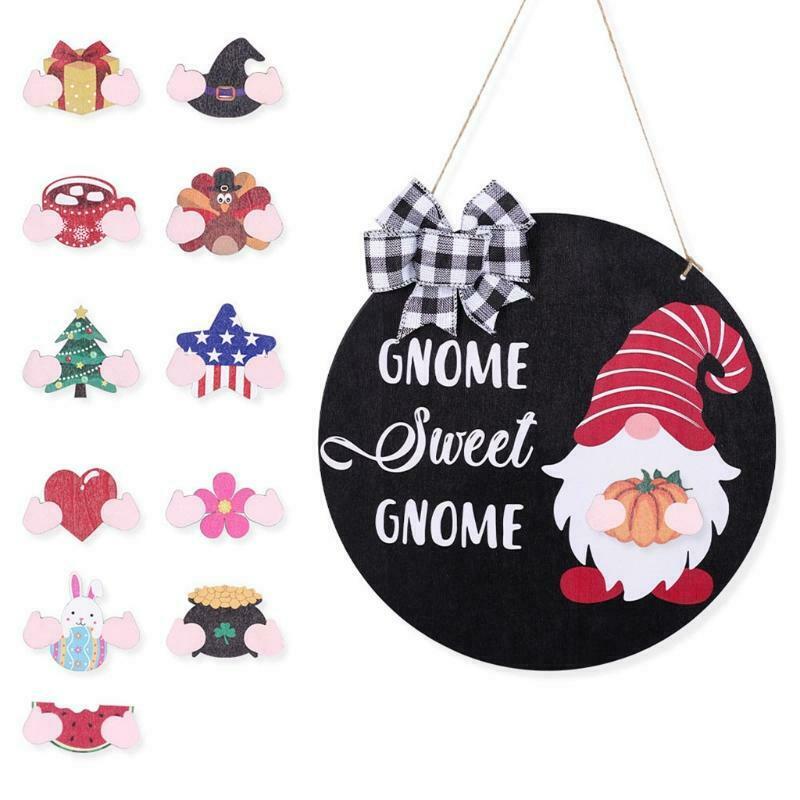 Interchangeable Seasonal Gnome Sweet Gnome Sign Front Door Decor Wooden Hanger