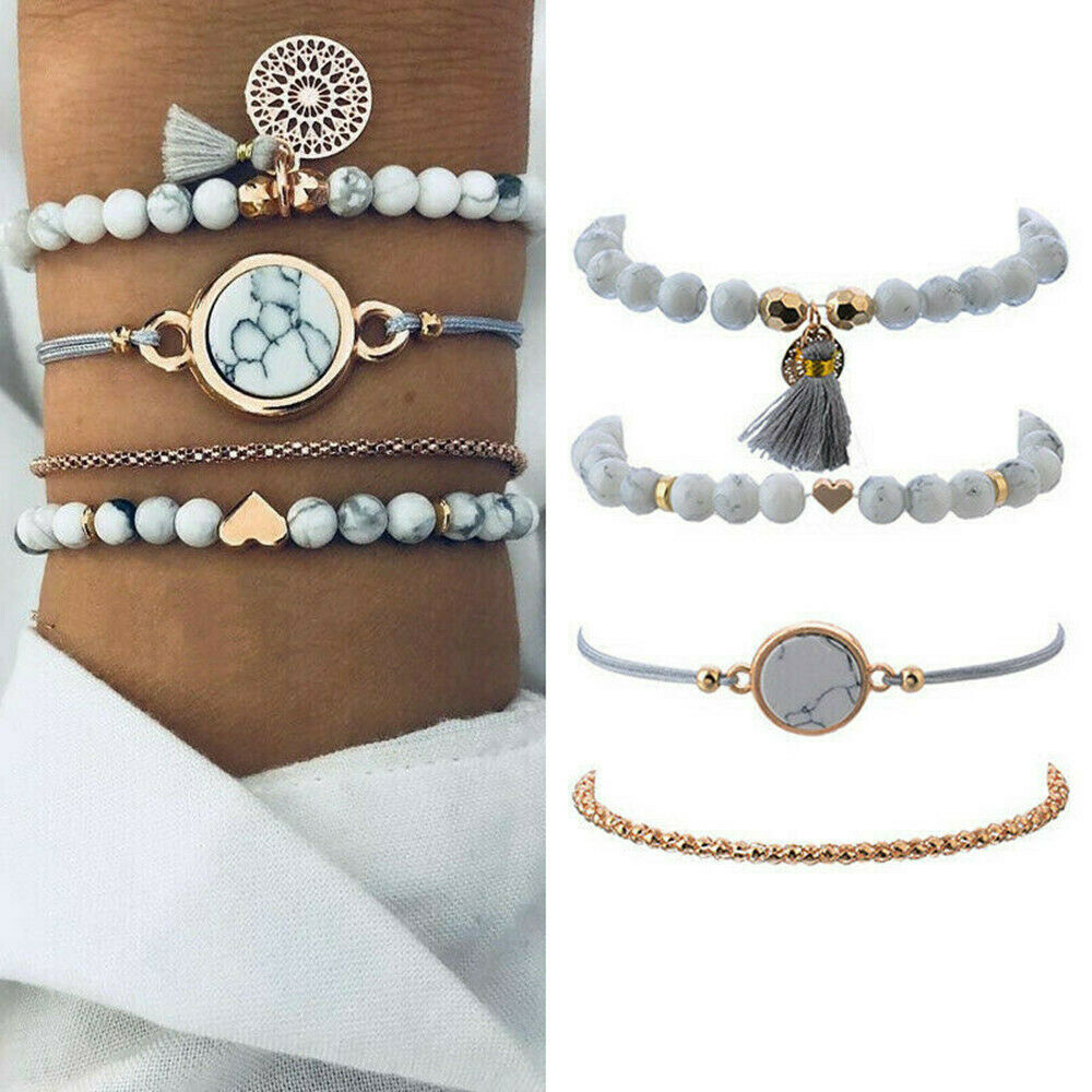 4Pcs/Set Boho Marble Beads Rope Tassel Bracelet Sets Womens Fashion Jewelry