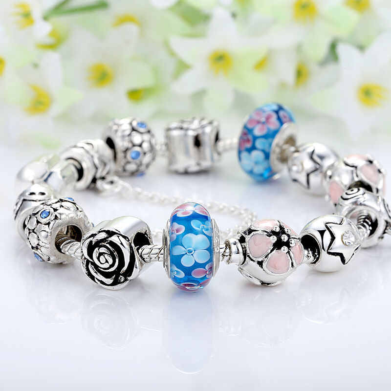 European 925 Glass Bead Charm Bracelet With Crystals Fit Women Authentic Jewelry