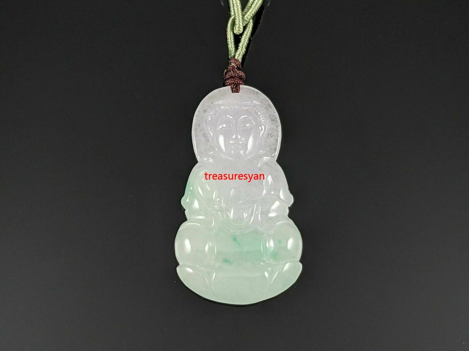 Natural Burmese Green Jadeite Jade Guan Yin Pendant with Woven Necklace