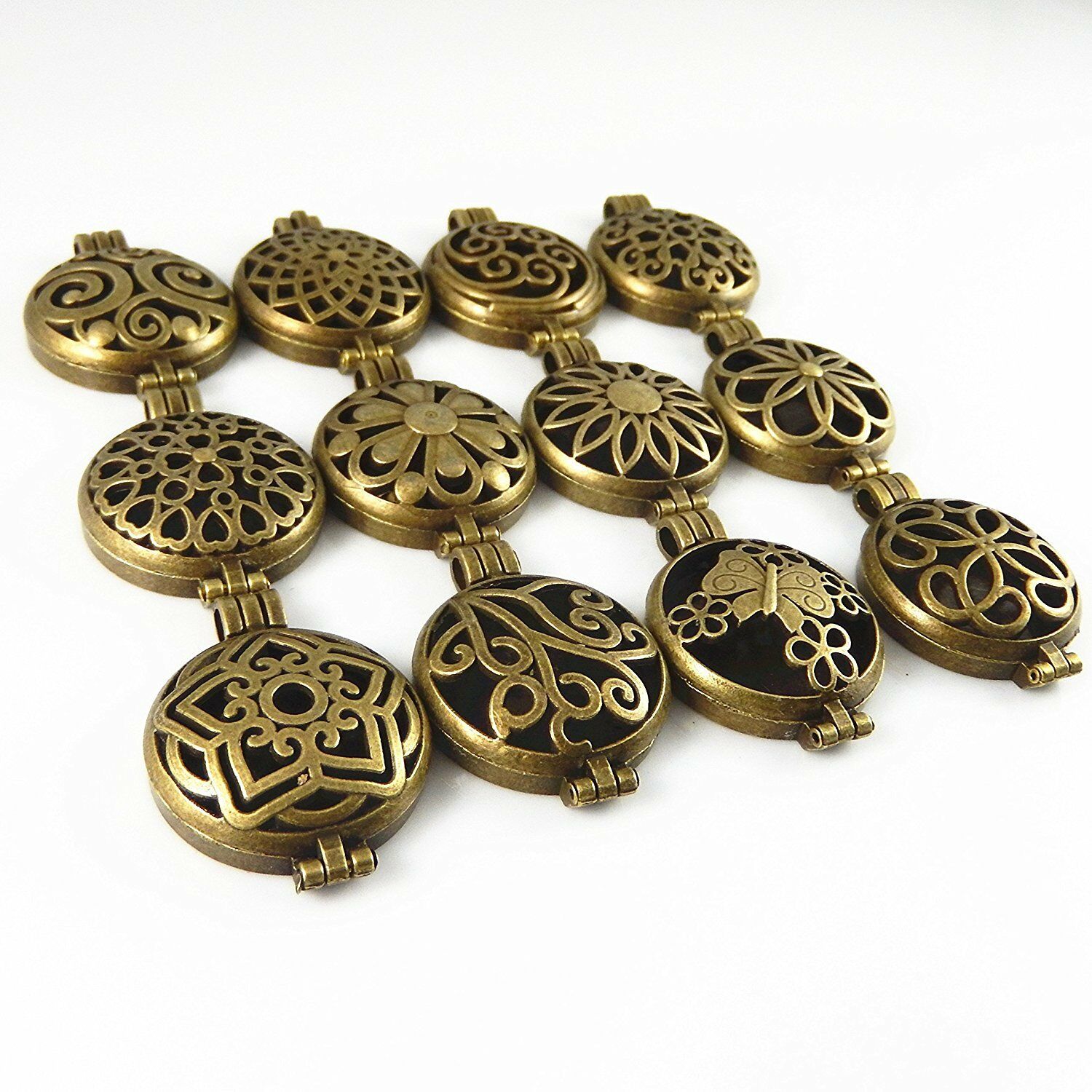 12 pcs Antiqued Bronze Assorted Lockets Charms Aromatherapy Diffuser Pendant