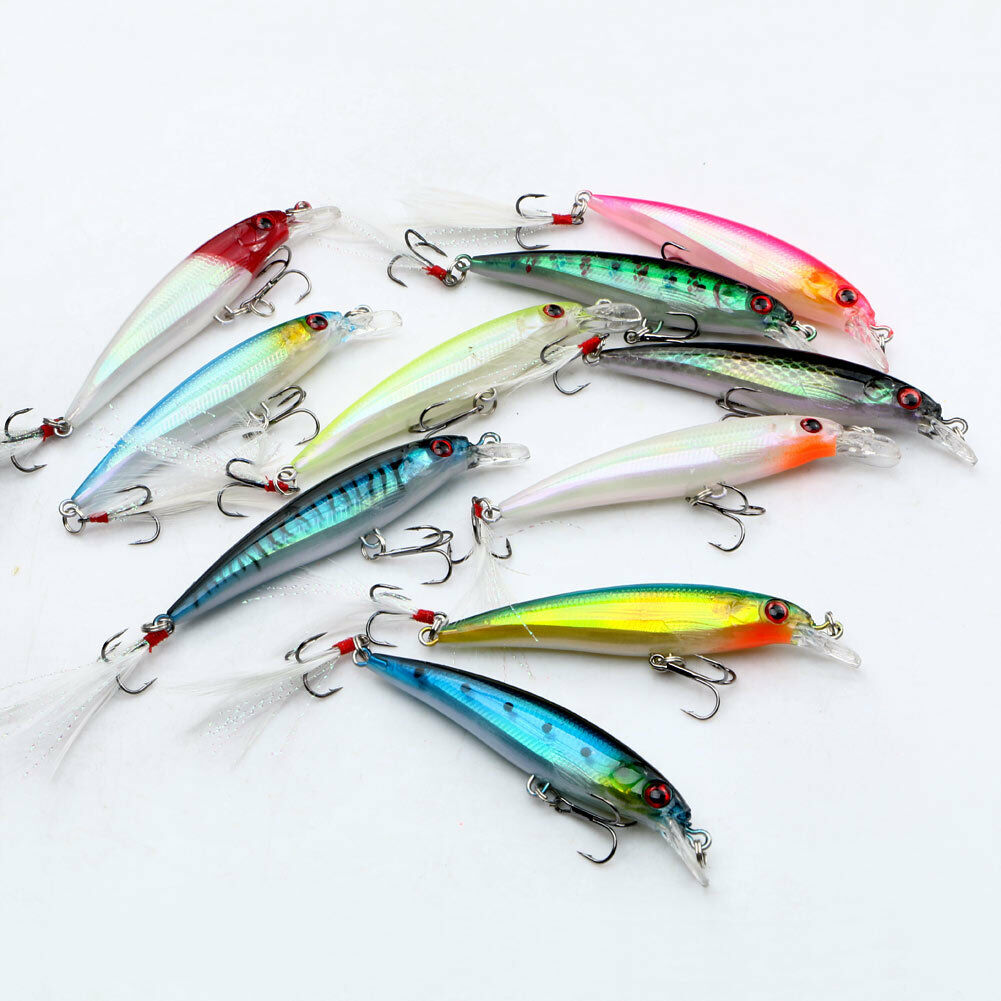 10PCS Minnow Fishing Lure Bait Bass Crank Feather Hook Popper Fishing Tackle