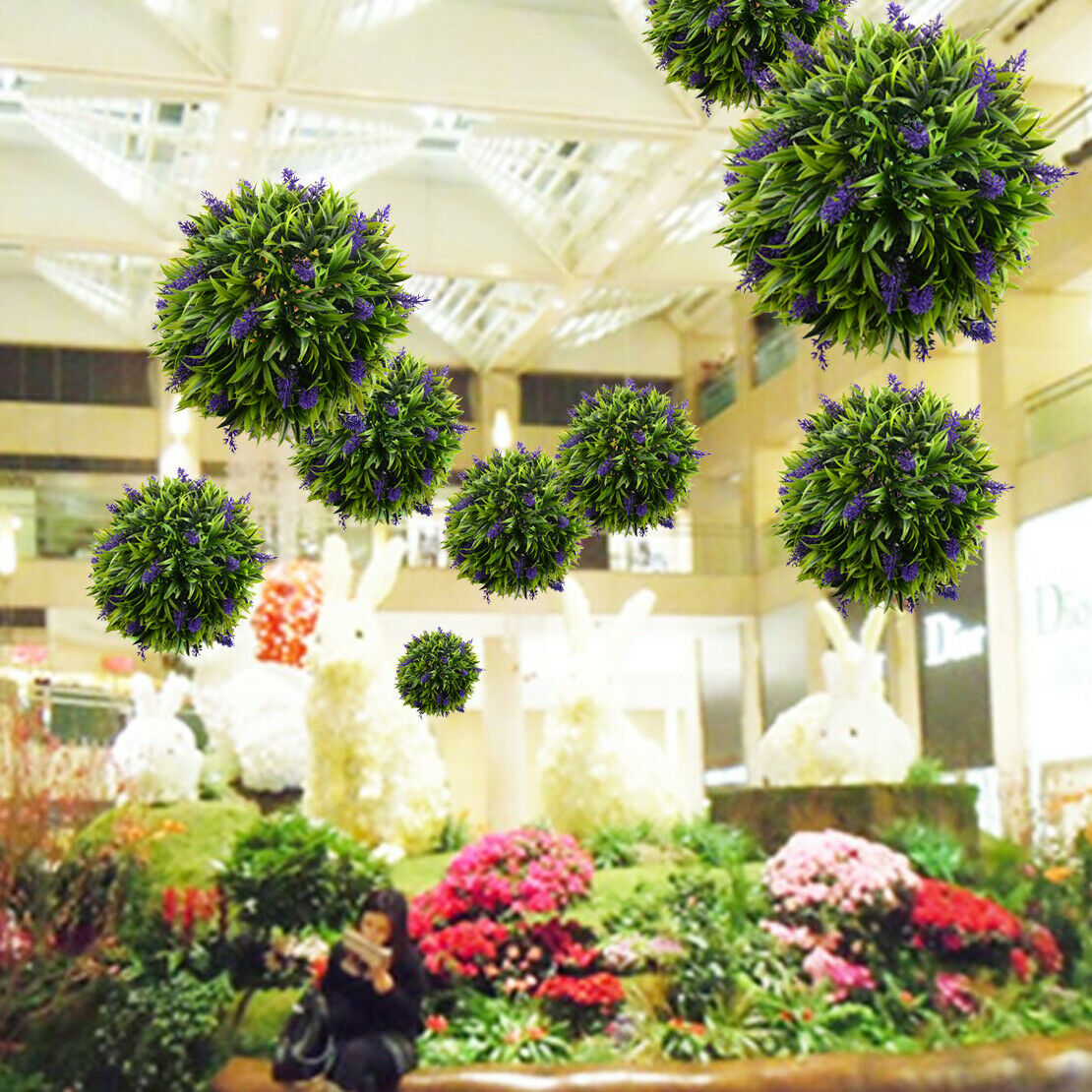 Purple Artificial Hanging Flower Plant Lavender Topiary Ball Decor Basket~
