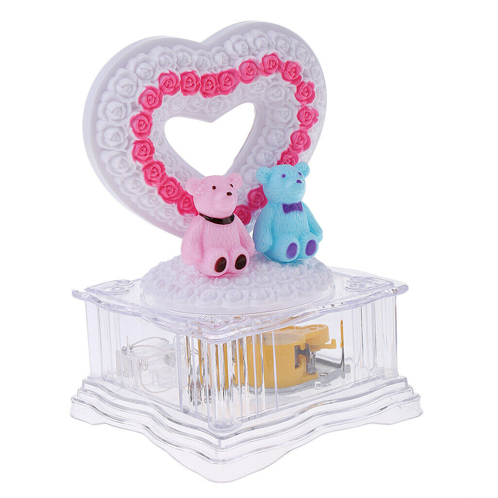 Collect Couple Bear Music Box Rotating LED Lighting Wind Up White Heart Gift