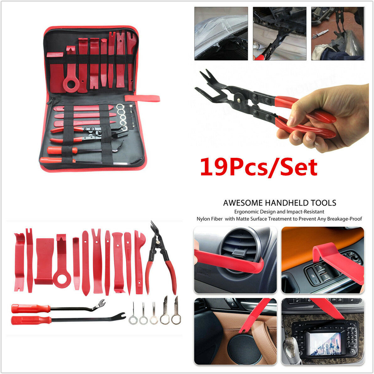 19Pcs Car Dashboard Upholstery Fastener Trim Panel Removal Tools Clip Pliers Kit