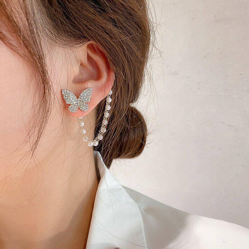 Elegant Cute Rhinestone Butterfly Stud Earrings Metal Chain Boucle Jewel.l8