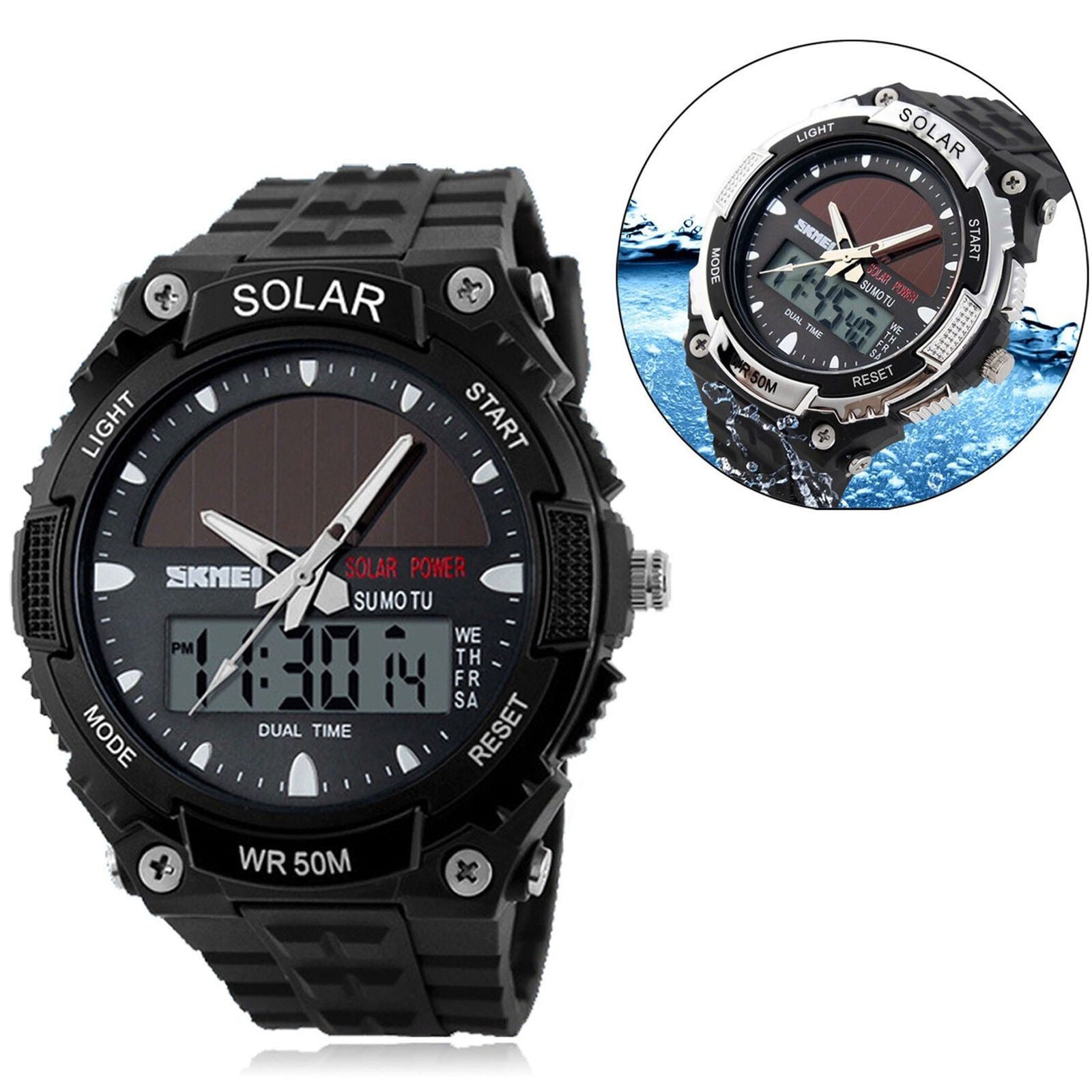 Men Solar Power Sport Dual Time LED Digital Waterproof Analog Quartz Watch New