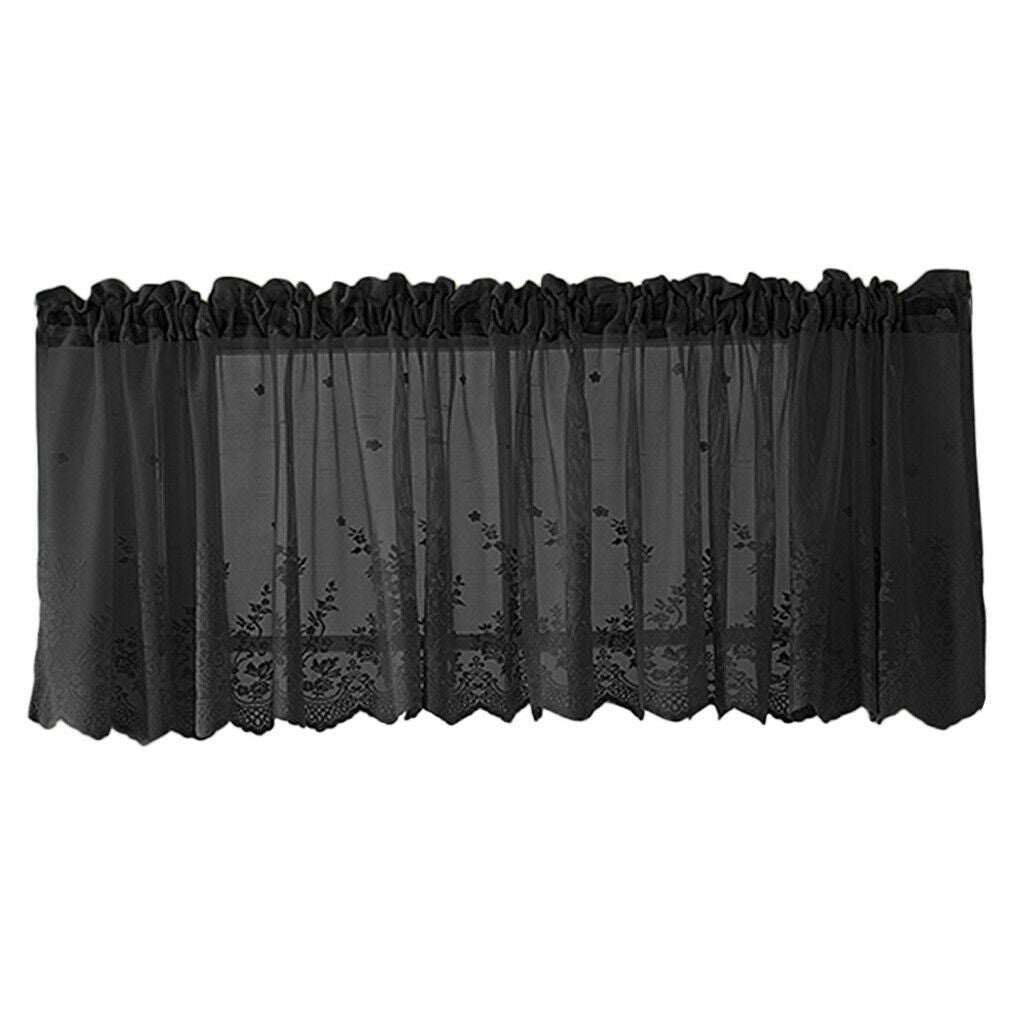 Embroidered Window Voile Sheer Curtain Valance Tiers Black-Valance-137x61cm