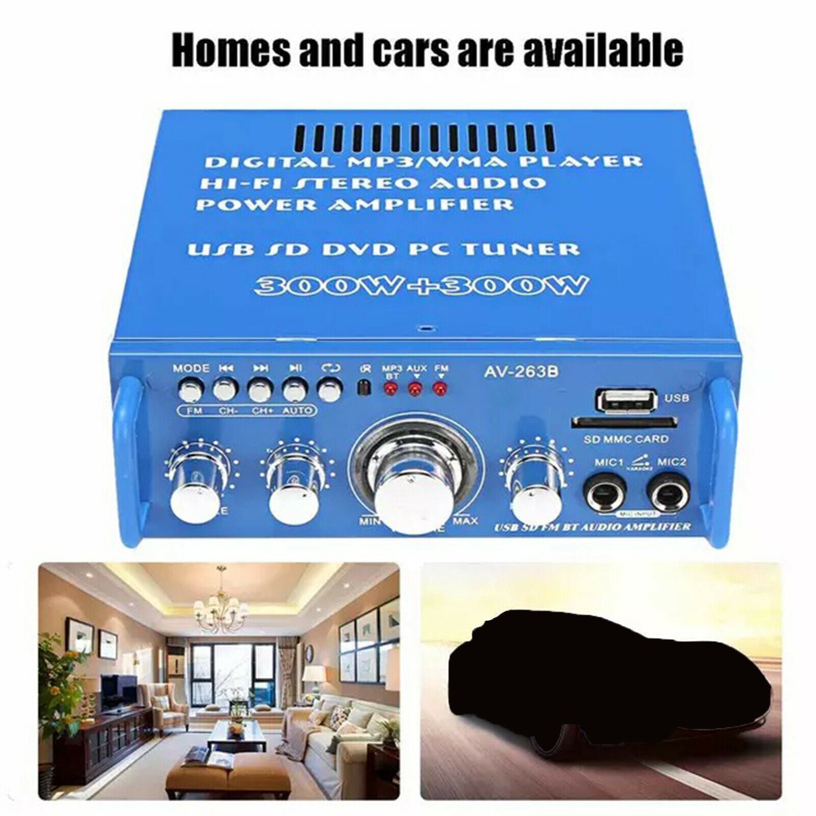 220V Bluetooth 5.0 Digital Audio Amplifier Car Stereo Amp USB Music Player