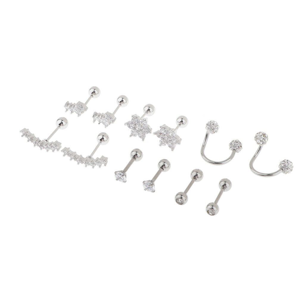 6 Pairs Stainless Steel Ball Earrings Flower Ear Studs and Diamond Ball S