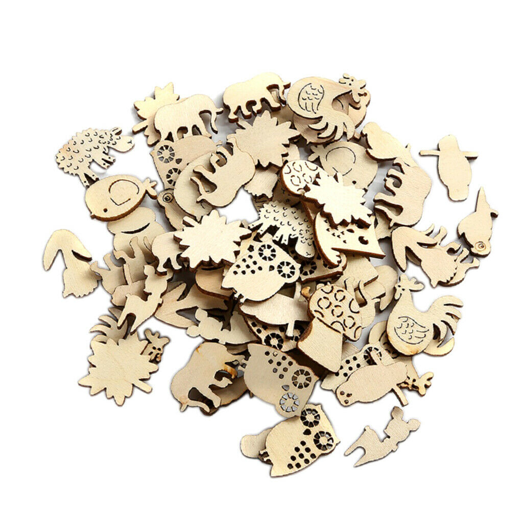 50 Pack Natural Wooden Embellishment Mixed Animals Wood Shapes Craft Pieces for