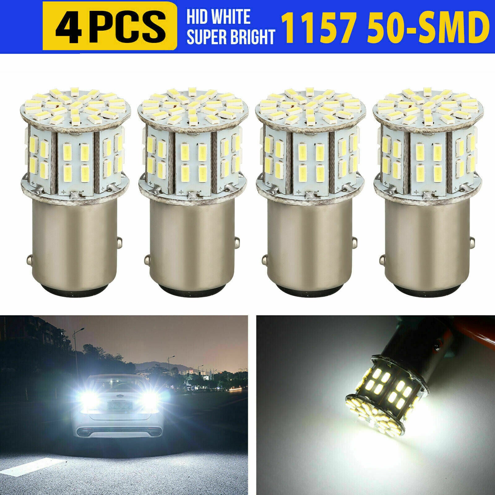 4x 6000K Super White 1157 BAY15D 50-SMD LED Tail Stop Brake Light Bulbs 7528 12V