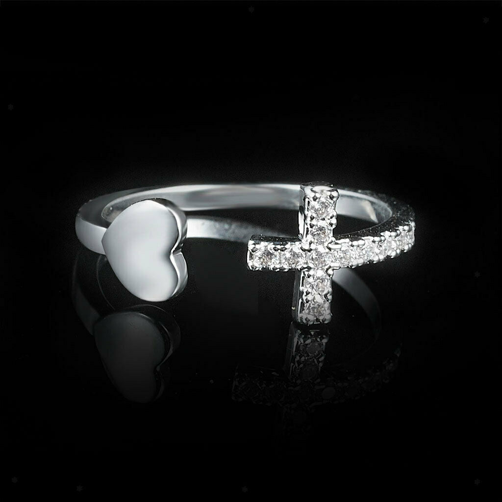 Cross Heart Rings Rhinestone Fashion Opening Rings Jewelry for Women Girls