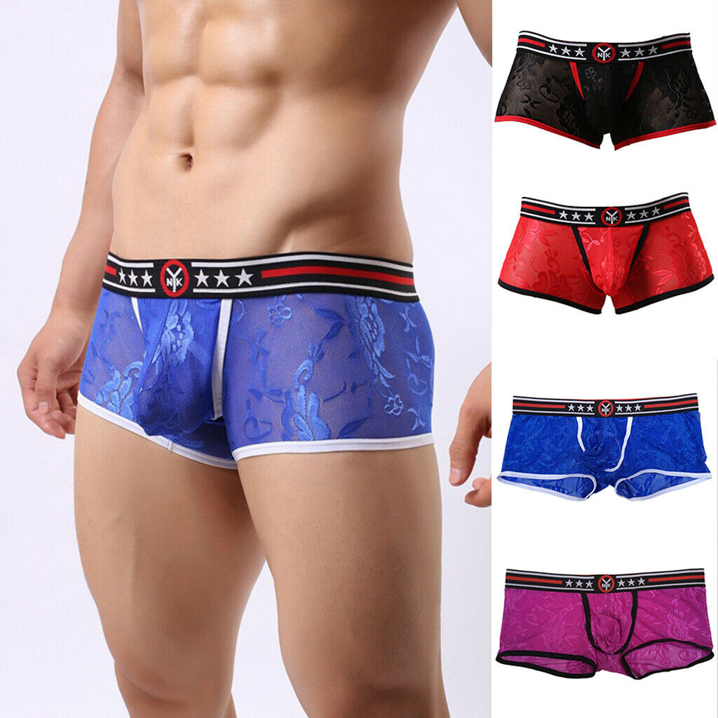 Men's  Boxers Sheer Shorts Brief Lace Embroider Clubwear Trunks Blue M