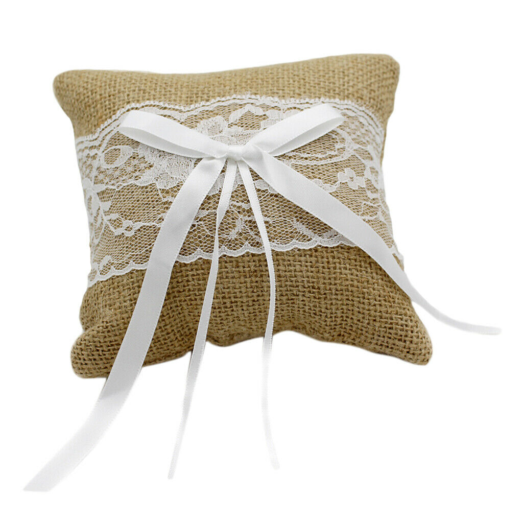 Wedding Ceremony Ring Pillow Cushion Linen Square Ring Bearer Bowknot 20cm