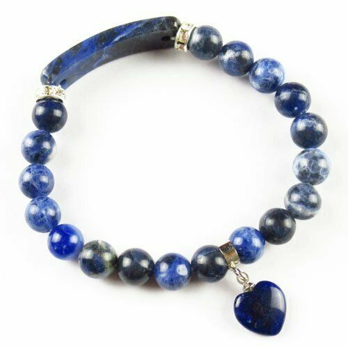 Natural Old Sodalite Ball Oblong Heart Rhinestone Stretchy Bracelet 7.5 " 70SL