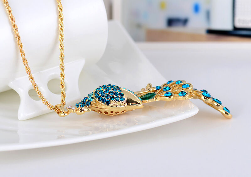 Blue Colorful Crystal Rhinestone Big Peacock Animal Pendant Necklace 2019