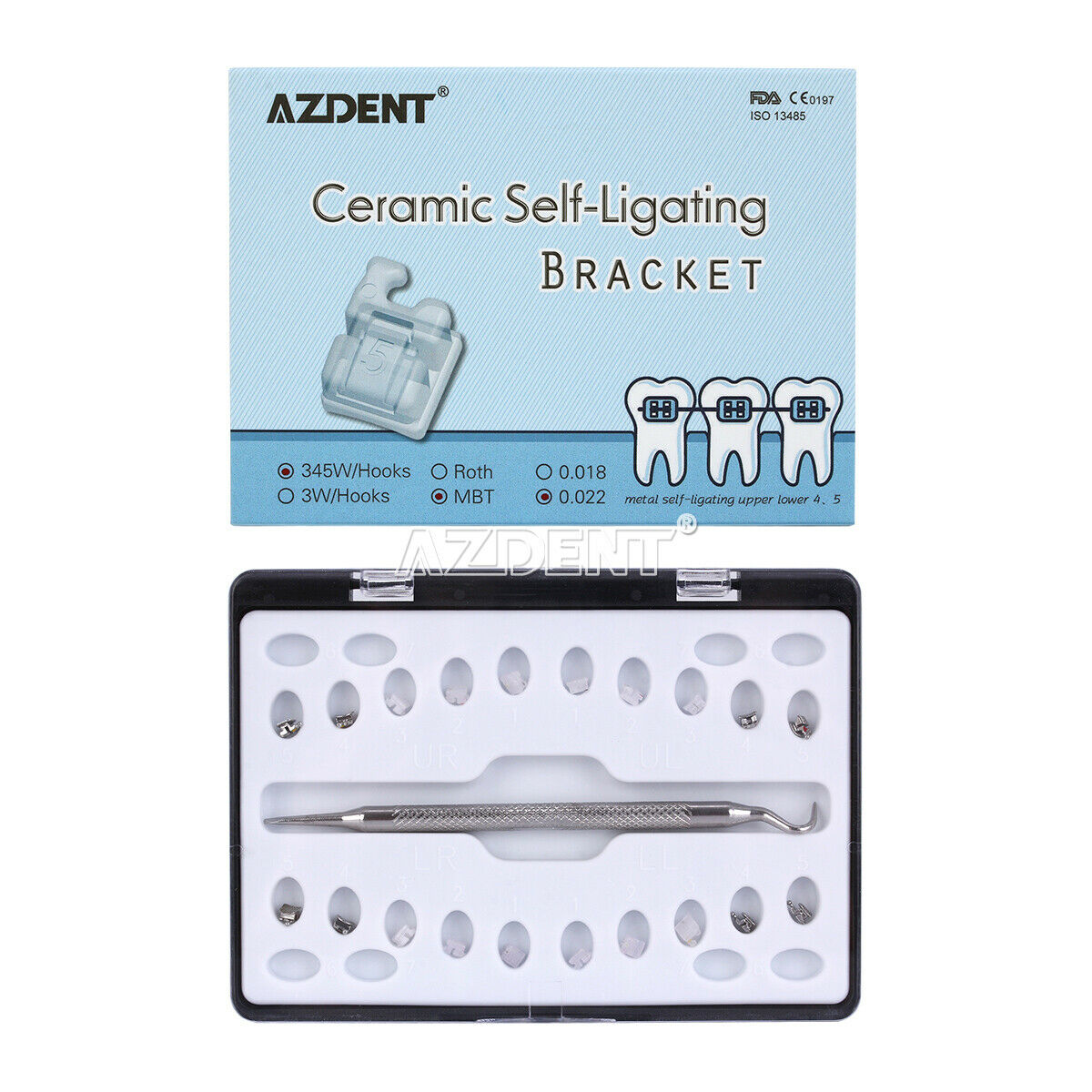 Dental Ortho Self-Ligating Ceramic Brackets U/L 4,5 Metal MBT 0.022 Hooks 3 4 5