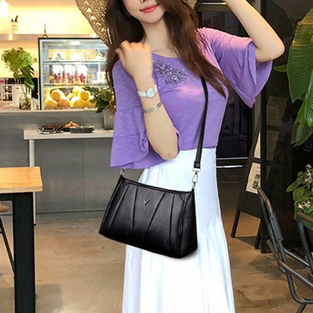 Women Girls Zipper PU Crossbody Messenger Bags Casual Pure Shoulder Handbag @
