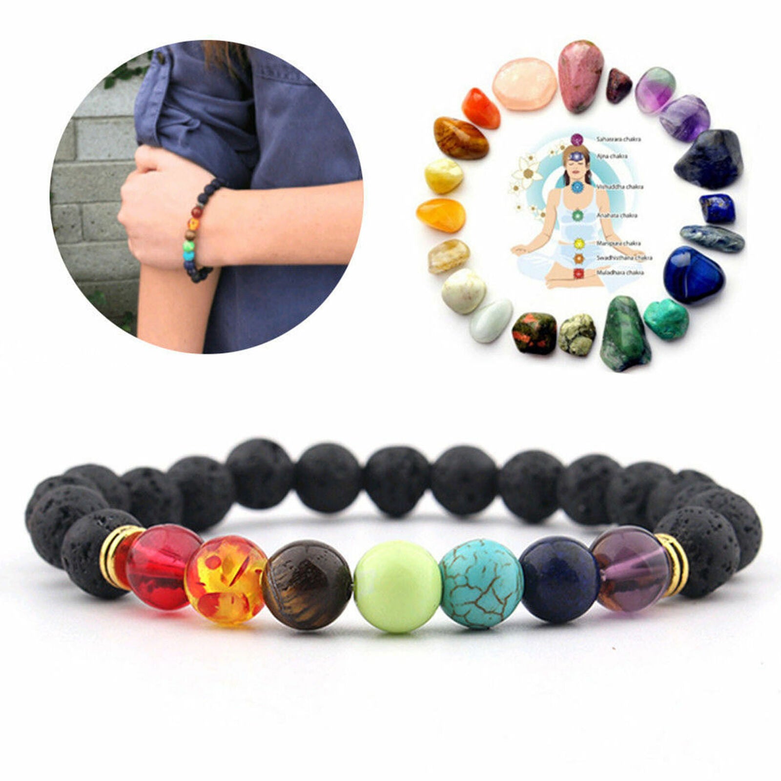 Chakra Bracelet Healing Lava Stone Beaded African Tiger Eye Bead Natural Stone