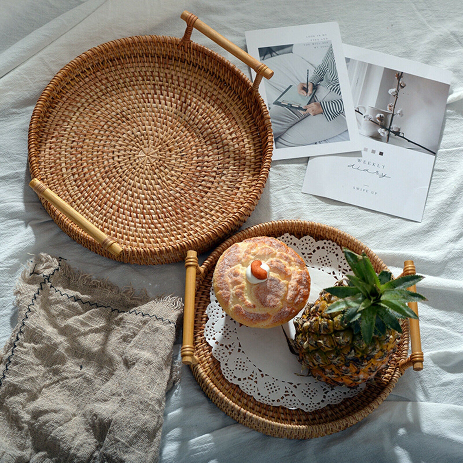 Handwoven Bread Basket Wicker Storage Tray Tea Drinks Snack Home Decor 24x3cm