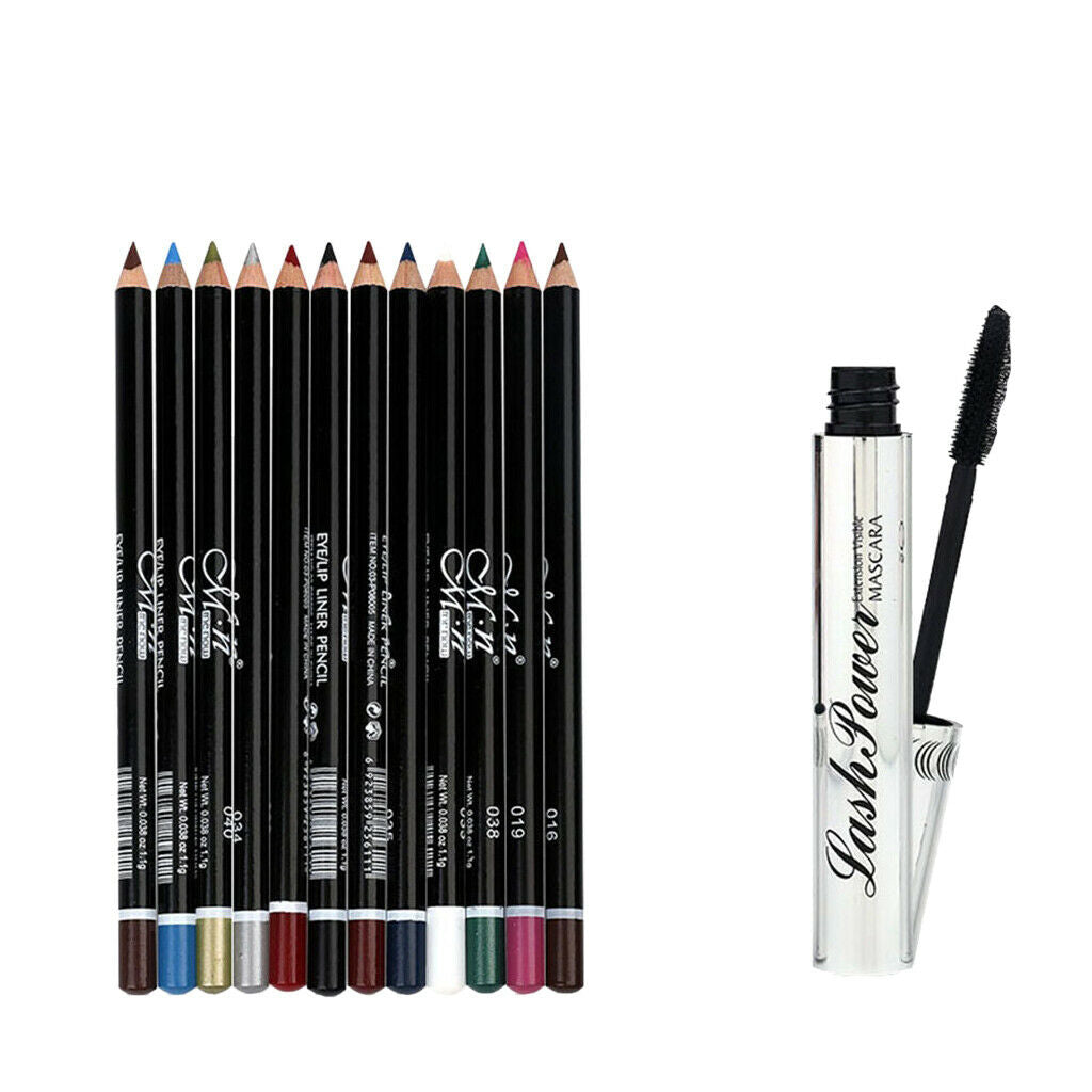 12Pcs Long Lasting Eyebrow Eyeliner Lip Liner Pencil+Curling Eyelash Mascara