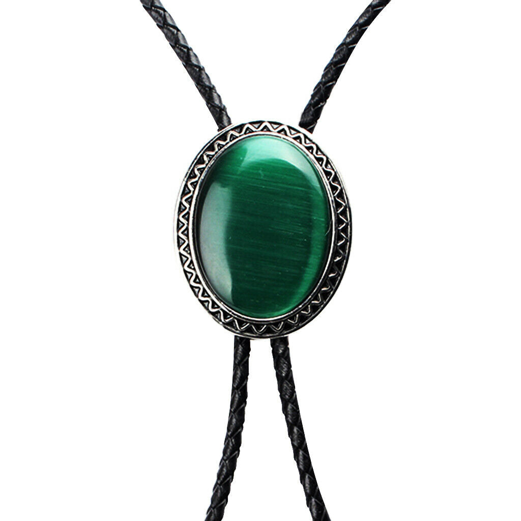 Natural Green Crystal Bolo Tie Bolas Necktie with Braided PU Leather Chain