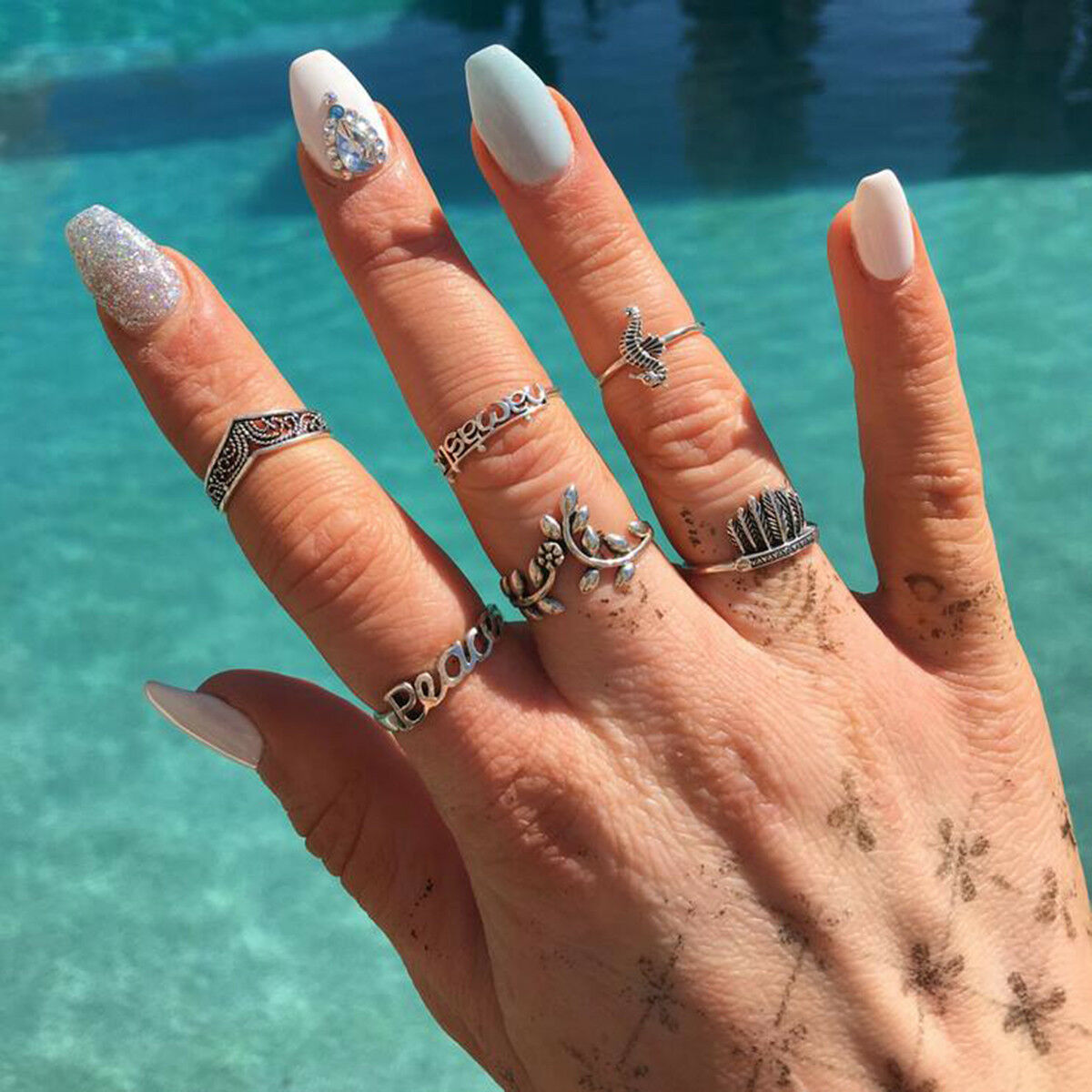 6pcs/Set Feather Hippocampus Ocean Knuckle Ring Peace Carved Flower Rings Set