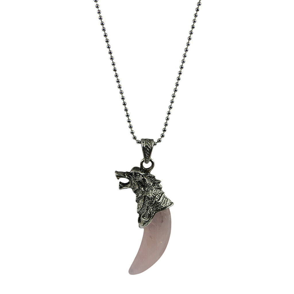 Mens Wolf Tooth Head Rose Quartz Pendant Ball Chain Necklace Pink