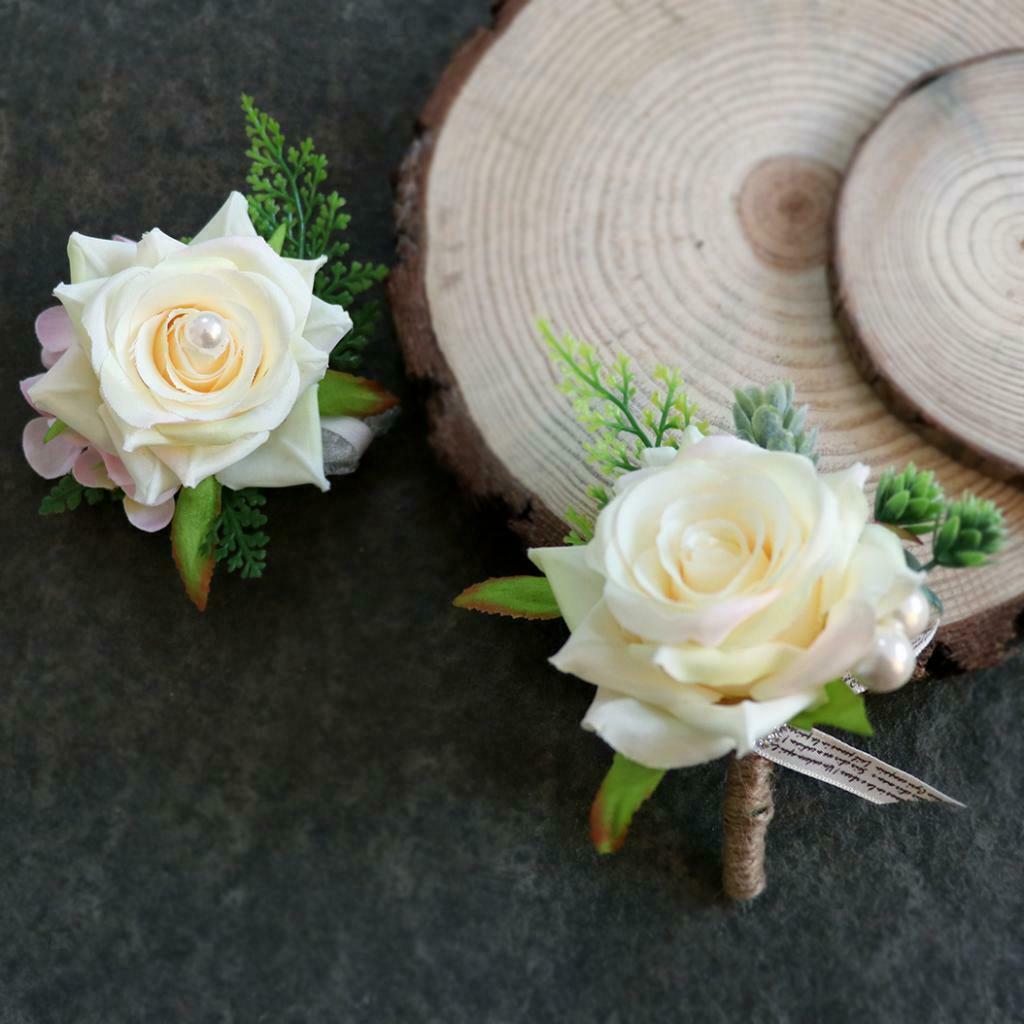 Set of 2 Rose Boutonniere Corsage Wristband Roses Wrist Corsage Man Girl