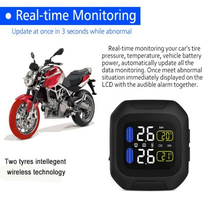 Waterproof Wireless Motorcycle TPMS Tire Tyre Pressure Monitor System 2sensor