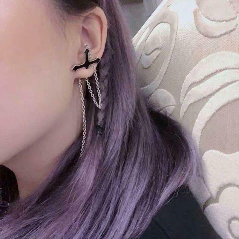 1Pc Punk Hip Hop Jewelry Spike Cross Ear Cuff Wrap Long Chain Piercing Earring
