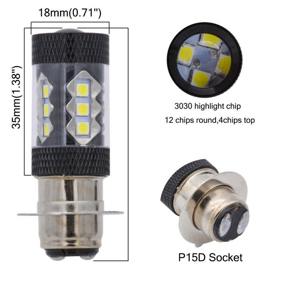 2Pcs Motorcycle High Power LED Headlight Projector Fog Light Lamp Bulb P15D-25-1