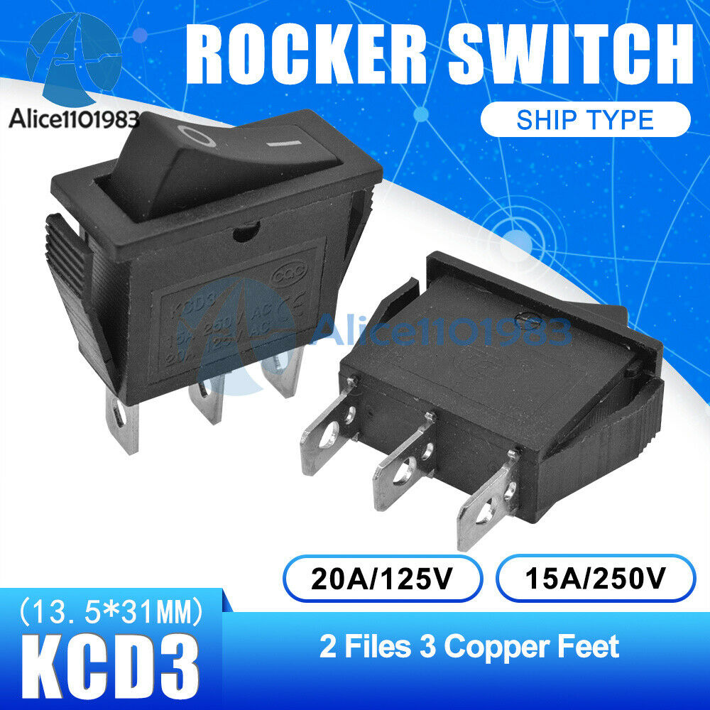 5PCS KCD3 2 Position 3PIN Boat Rocker Switch 15A 250V Terminals ON/OFF 13.5*31MM
